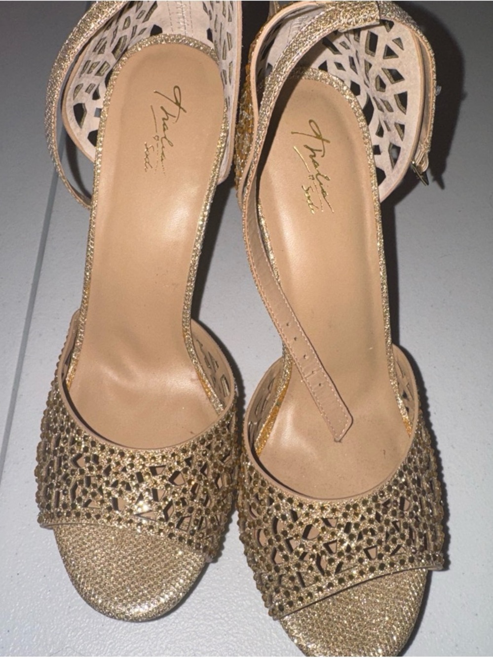 Franco Sarto Gold Glitter Cutout Slingback Heels